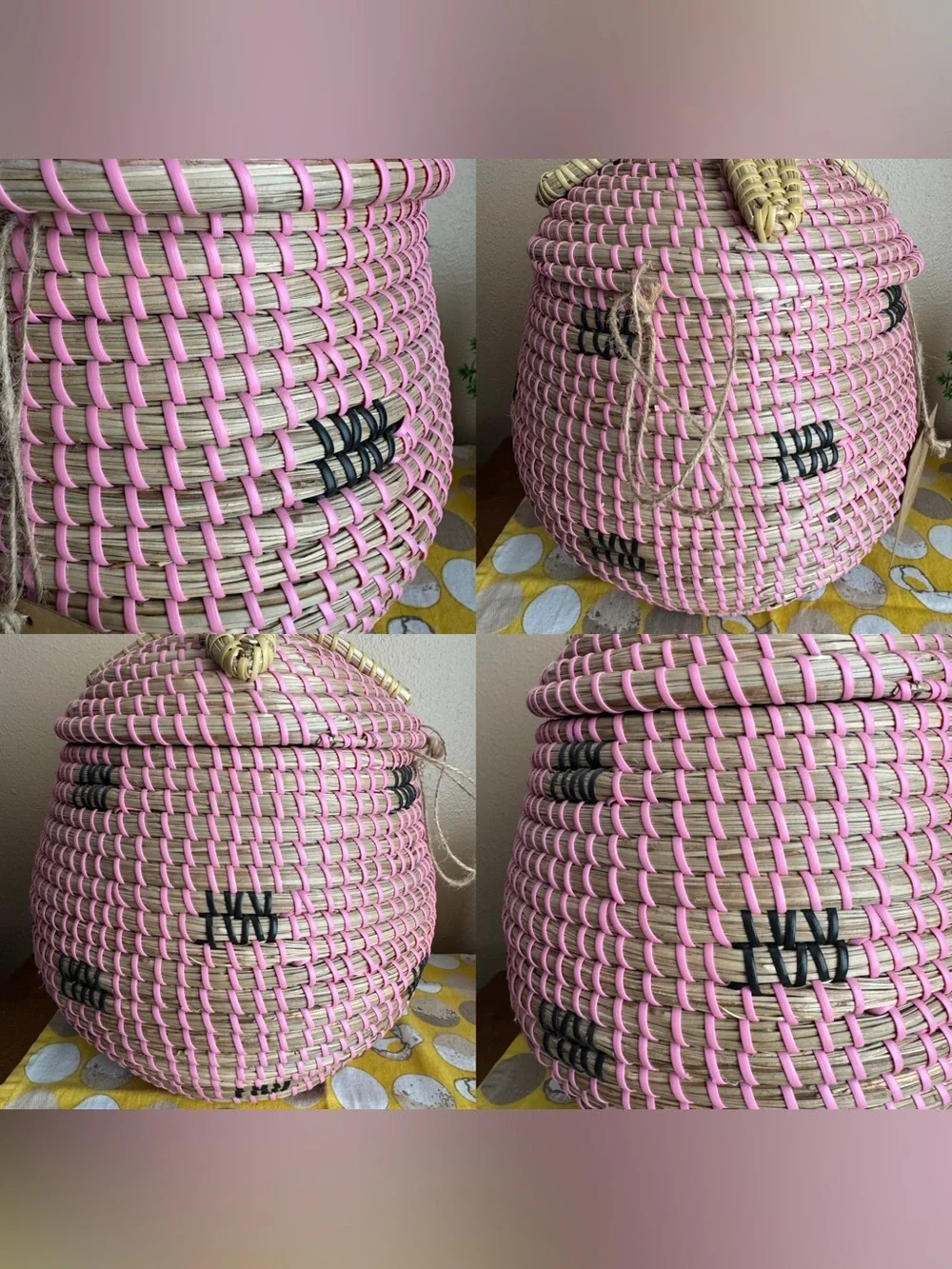 Large wicker coiled strawberry basket with lid